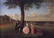 Arthur Devis Henry Fiennes Clinton,9th Earl of Lincoln,with his wife,Catherine and his son,George,on the great terrace at Oatlands oil on canvas